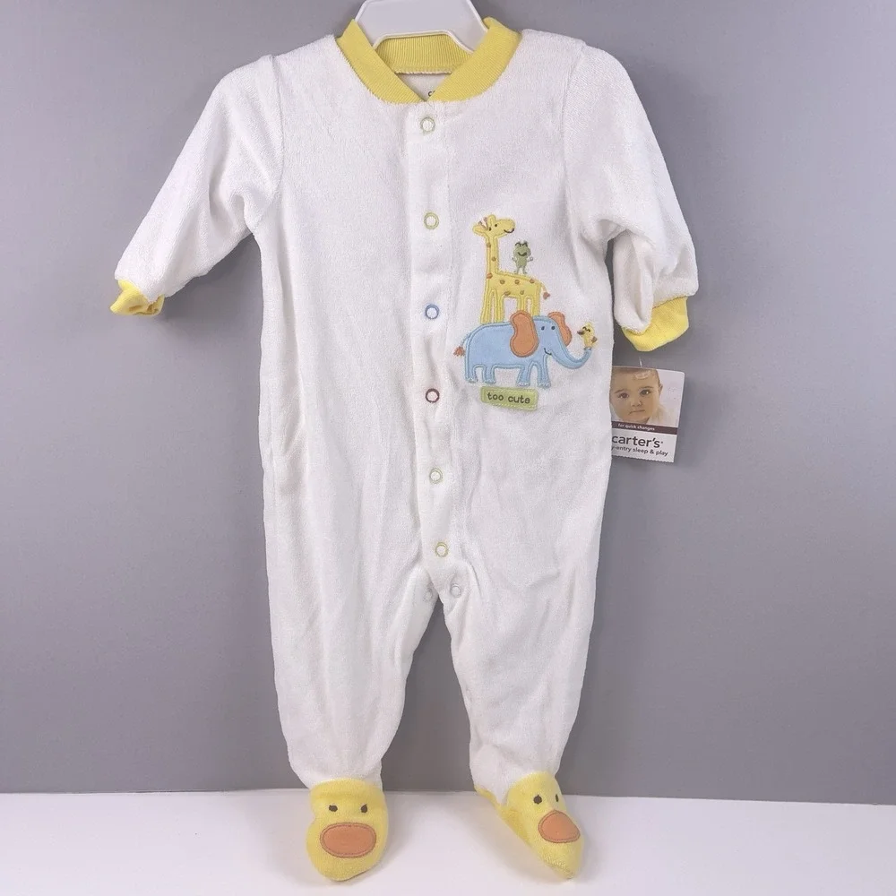 Carters Vintage 2009 Baby Sleeper 3M White Yellow Giraffe Elephant Duck Feet NWT